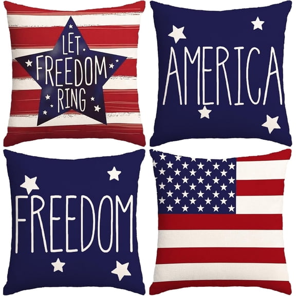 4th of July Pillow Covers Set of 4,18x18 Inch Red White Blue Summer Indoor Patriotic Throw Pillow Covers,Independence Day Pillow Covers for Home Sofa Cushion Cover Party Holiday Decor