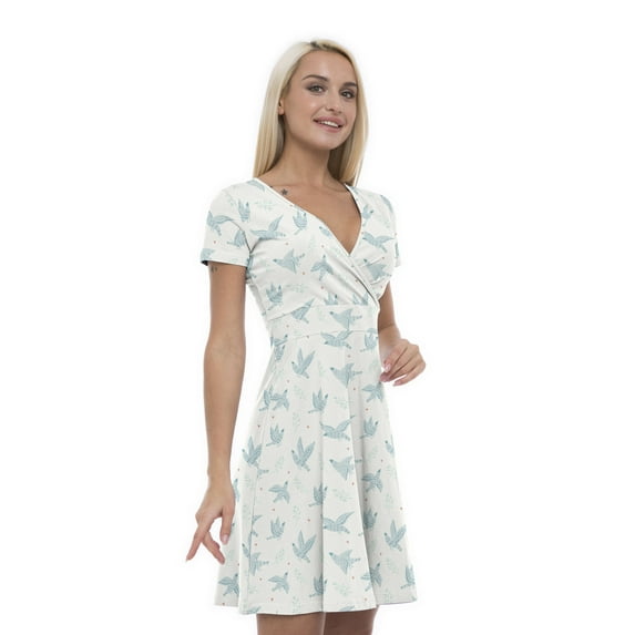 Women’s A Line Birds Summer Dress, Retro Triangle Arrangement, Cross Wrap V Neck, 6 Sizes, by Ambesonne