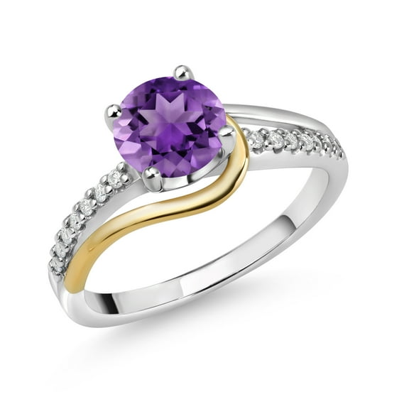 Gem Stone King 925 Sterling Silver and 10K Yellow Gold Round Amethyst and White Moissanite Engagement Ring for Women (1.31 Cttw, Round 7MM, Size 5)
