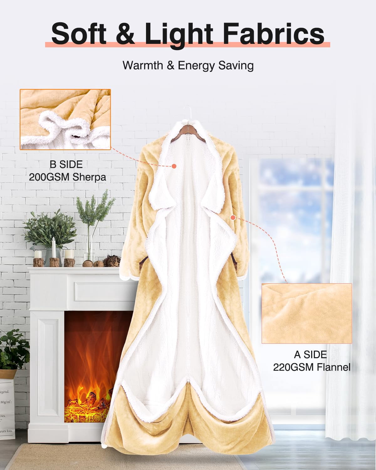 Ocuuziisu Wearable Heated Throw Blanket with Pockets, 50" x 70" Flannel and Sherpa Electric Wrap Poncho Shawl, 4-Hour Auto Shut Off, Machine Washable, Beige