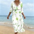 thumbnail image 6 of Karymi Floral Print V Neck Midi Dress, Hollow Out Cutout Trim 3/4 Sleeve Empire Waist Loose Flowy Casual Summer Vacation Sundress Wedding Guest Dresses for Women, 6 of 6
