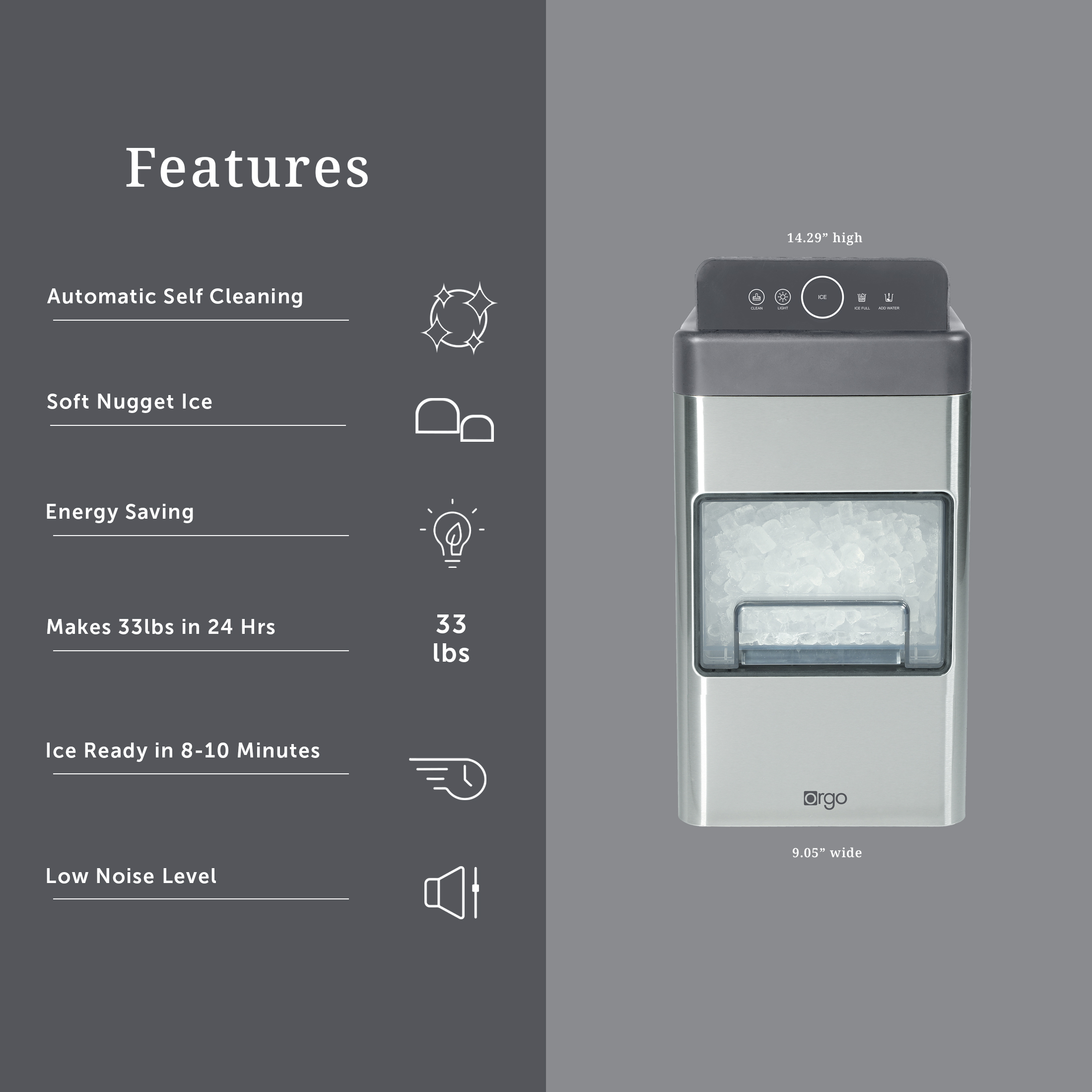 The Orgo Nugget Countertop Ice Maker – Portable Chewable Ice Machine for Home & Office, Self-Cleaning, Compact Design, Gray