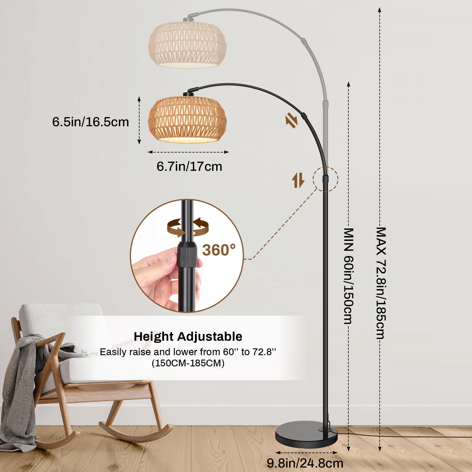 SERBASIC Floor Lamps for Living Room, Arc Boho Rattan Standing Floor lamp with Heavy Duty Marble Base, Stepless Dimmable Height Adjustable Tall Lamp for Bedroom