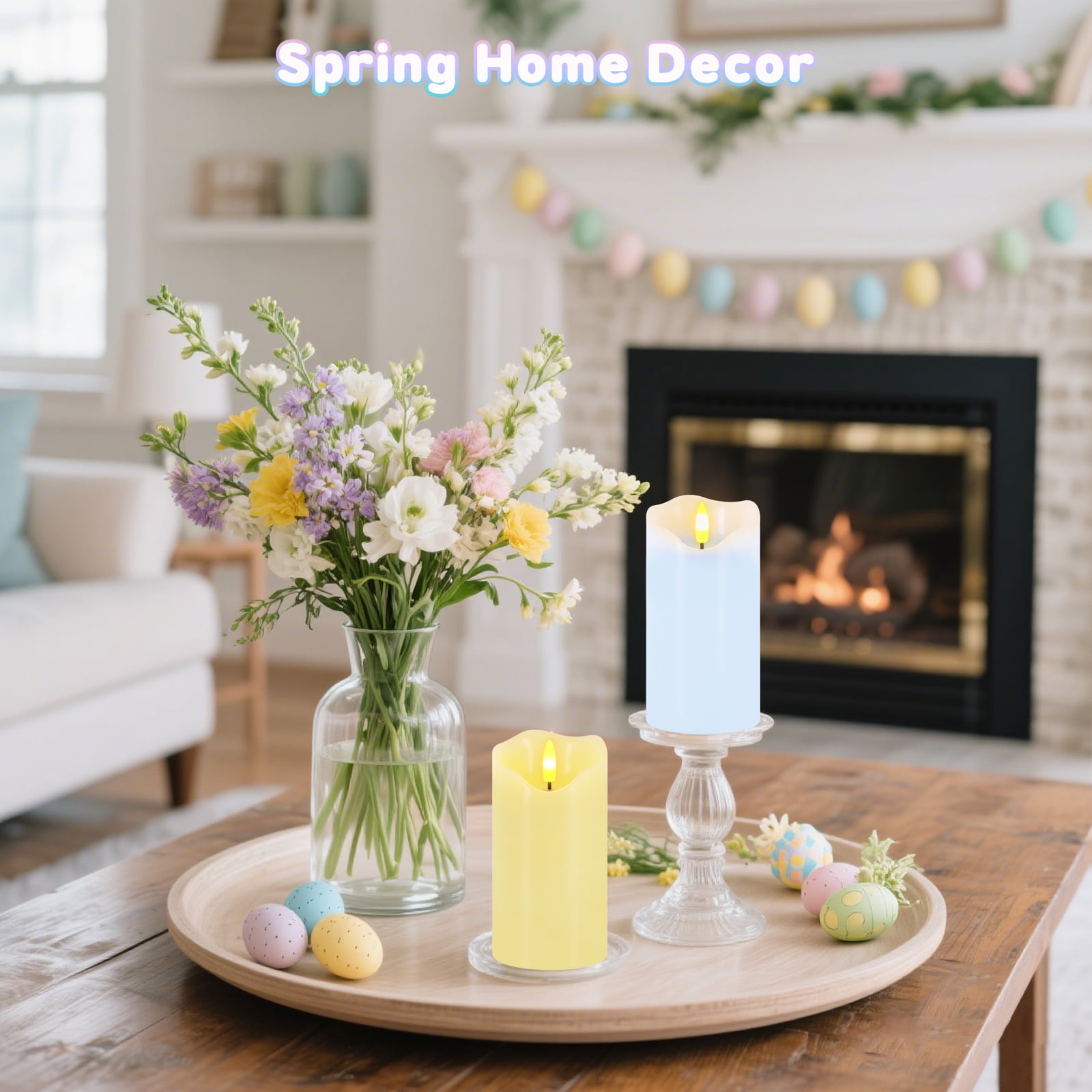 Flameless Candles Light, Set of 2 6"x3" Flickering Pastel Spring LED Candles with Remote & Timer, Dimmable Real Wax Easter Pillar Candles Battery Operated for Home Spring Easter Decor