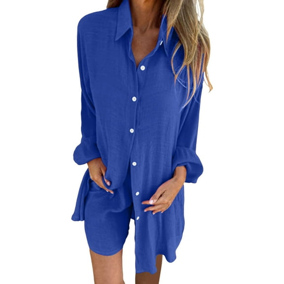 Shorts Sets Women 2 Piece Outfits Long Sleeve Solid Casual Loose Lapel Shirt High Waist Wide Leg Shorts Set Womens Summer Outfits Blue L