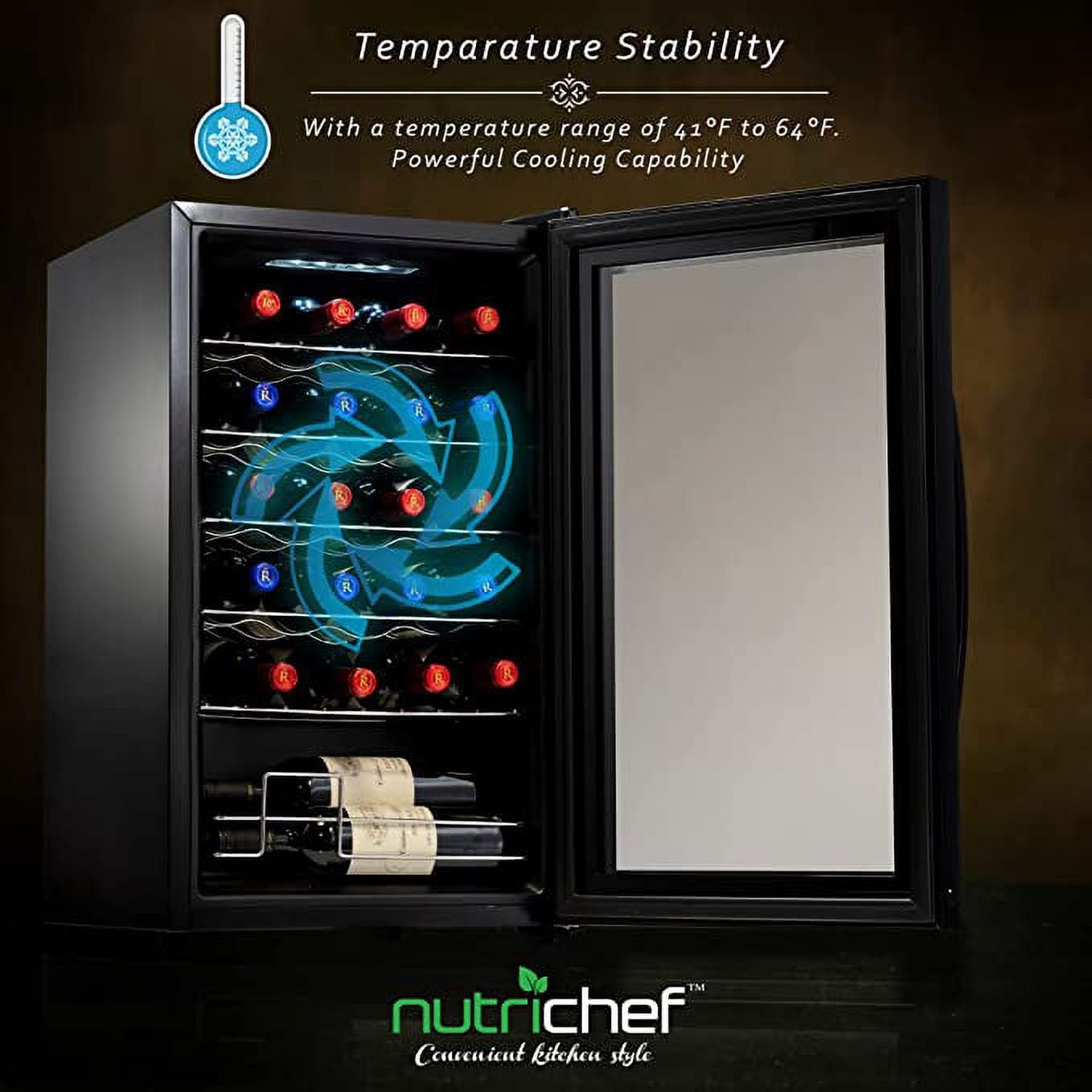 NutriChef 24 Large Freestanding Bottle Compressor Wine Cooler Refrigerator Cooling System, (Black)