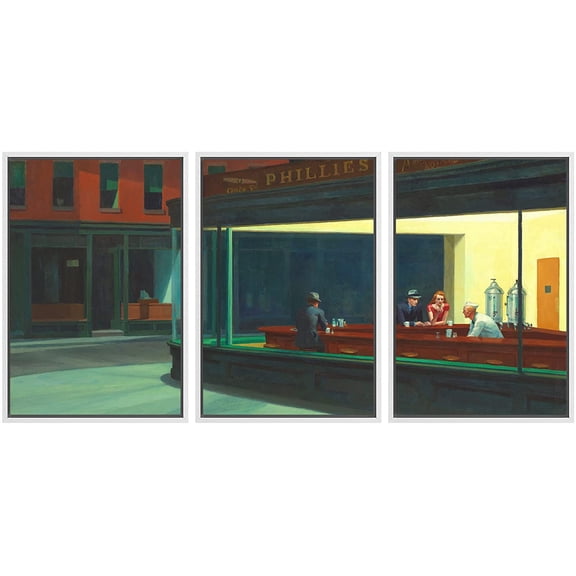 wall26 Framed Canvas Print Wall Art Set Nighthawks by Edward Hopper Cultural Historic Oil Painting Fine Art Reproduction Scenic Colorful for Living Room, Bedroom, Office - 16"x24"x3 White
