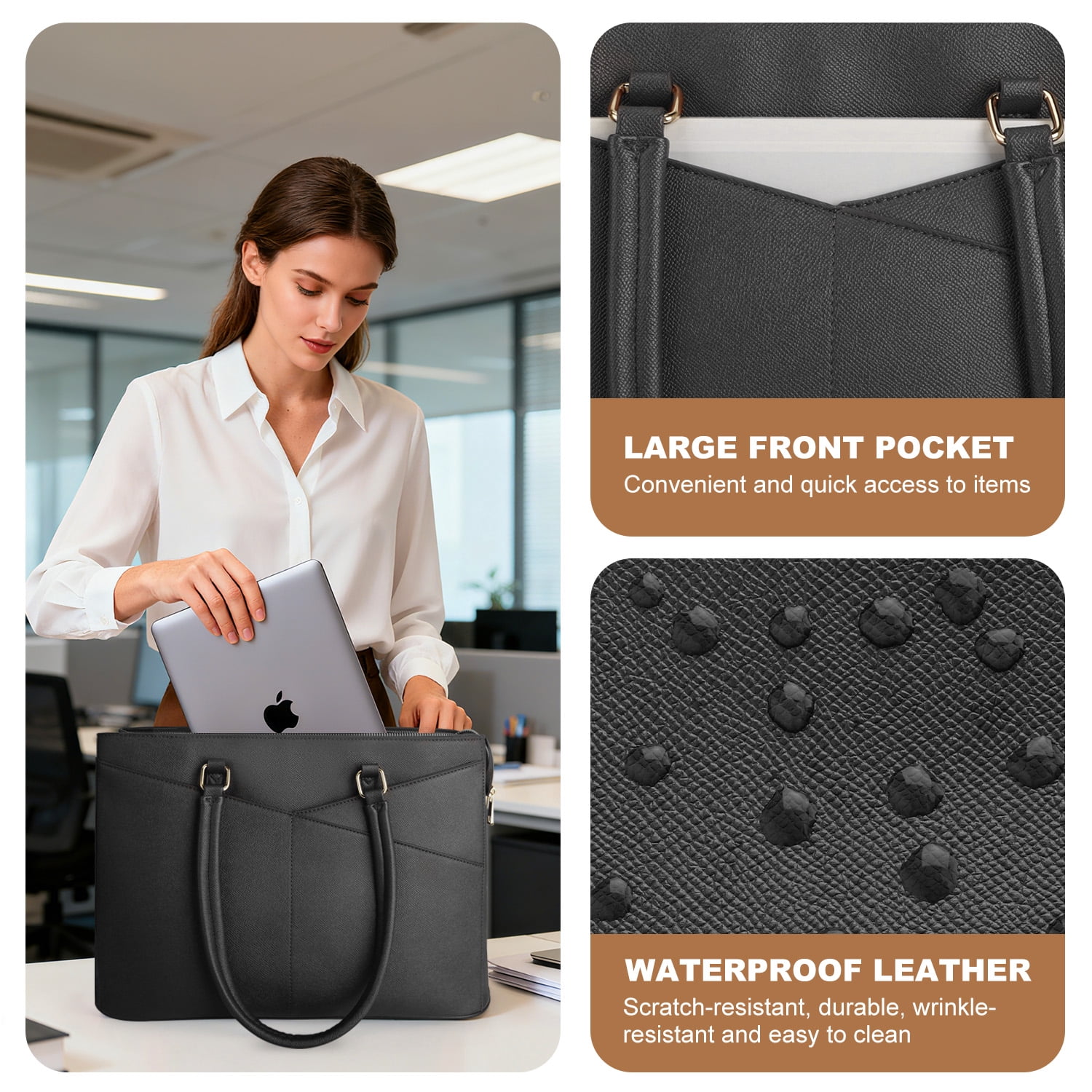 Cshidworld 15.6 Inch Leather Laptop Tote Bag for Women, Waterproof Computer Briefcase & Work Bag for Office, Business, College, Travel, Leather Messenger Bag, Black