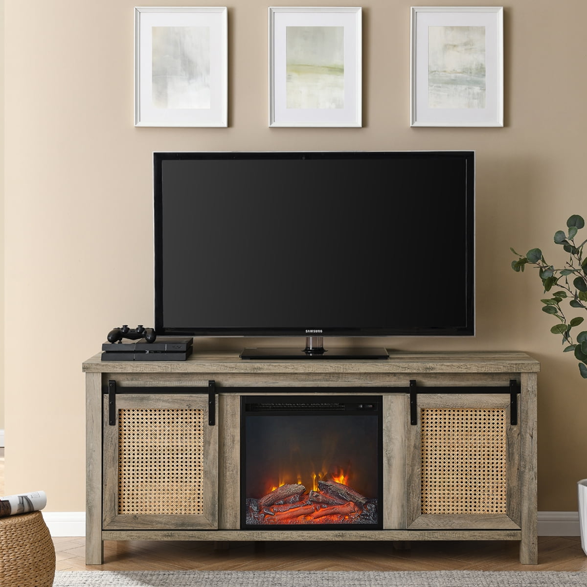 Gray TV Stand with Fireplace, 47" Electric Fireplace Heater TV Stand