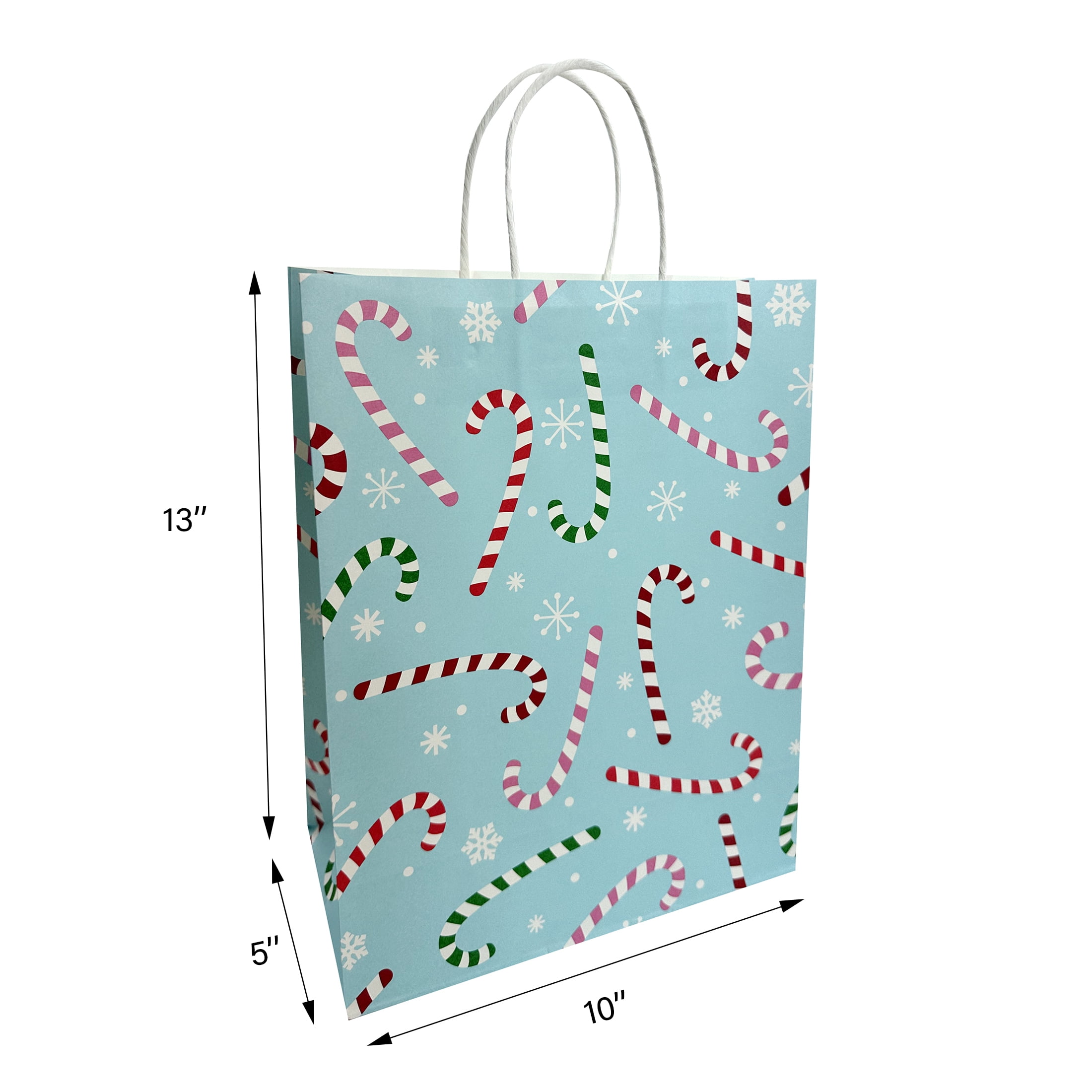 Holiday Time Christmas Gift Paper Bag, Green Penguin, Red Snowman, Merry Christmas, Green Santa, Blue Candy cane, Blue JOY, Large, 10x5x13in