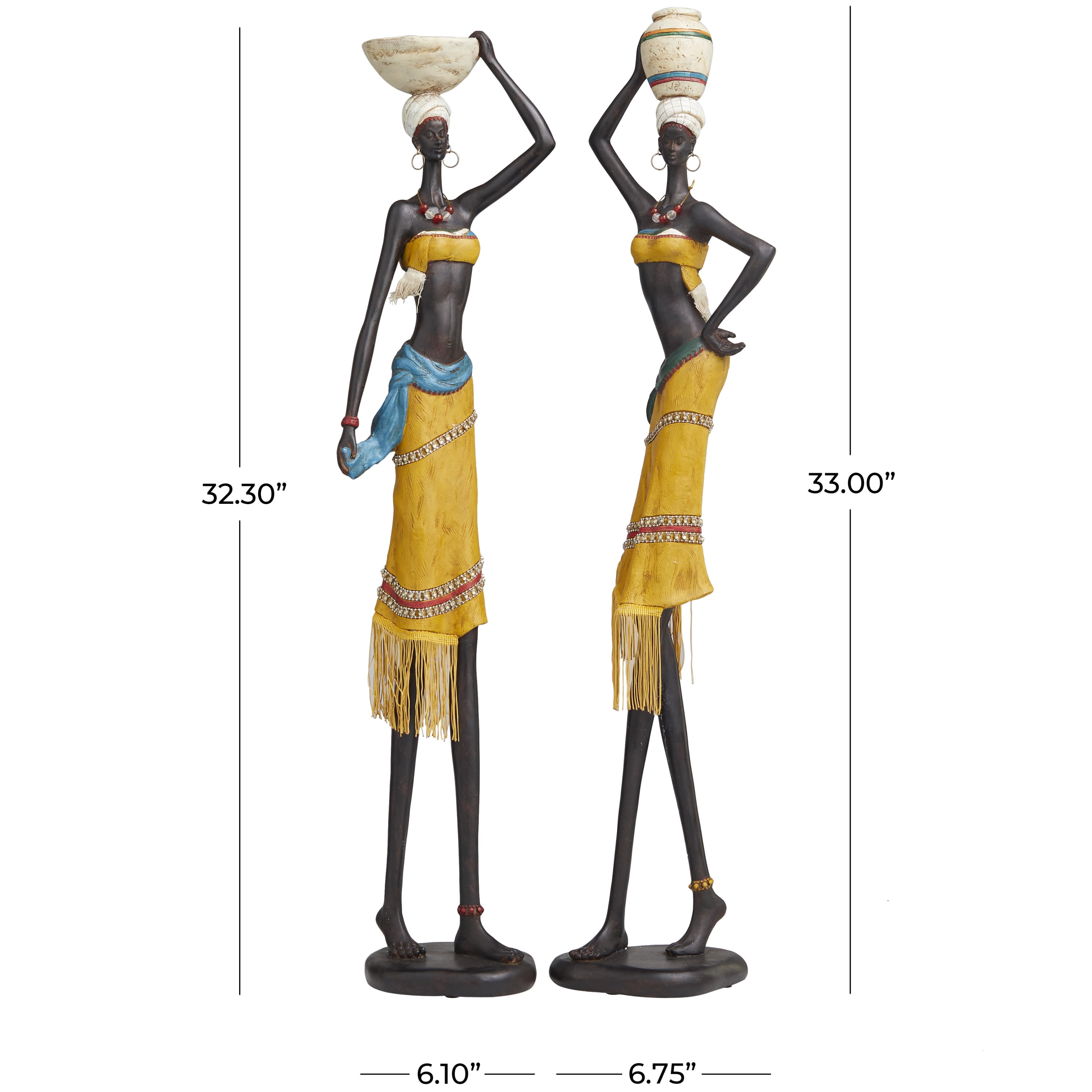 32", 33"H Yellow Polystone Handmade African Woman People Sculpture with Water Jugs and Jeweled Details, by DecMode (2 Count)