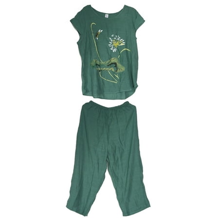 

Womens Summer Plus Size Pajamas Set Chinese Lotus Floral Print Short Sleeve Tops