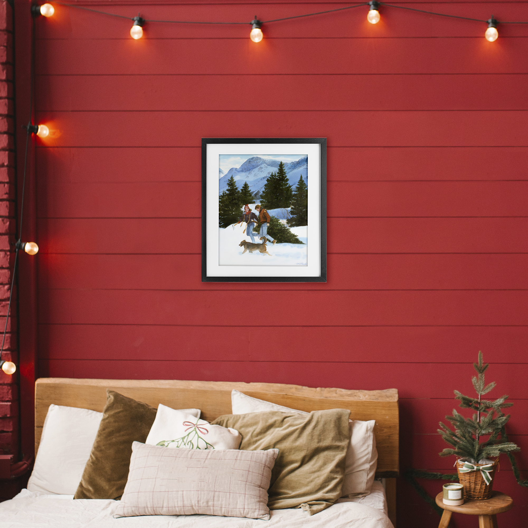 Couple Bringing Home Tree Black Framed Print Under Glass, design by Wind River Studios