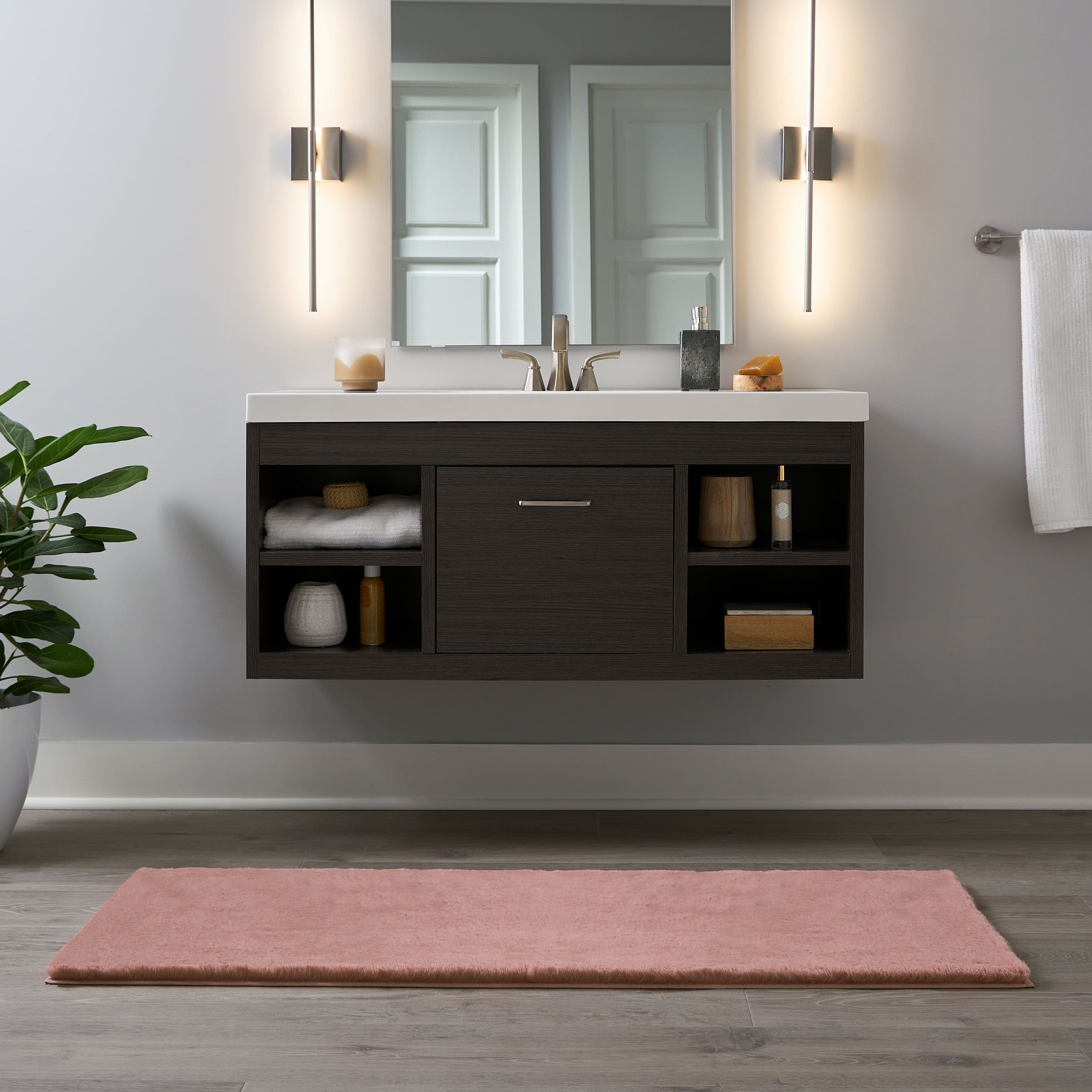 Home-Complete 24x60 Large Faux Fur Bath Mat for Hallway or Kitchen, Machine Washable Nonslip Rug, (Mauve)