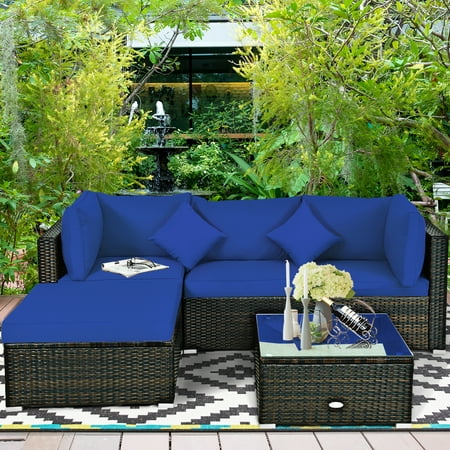 Gymax 5pcs Rattan Patio Conversation Set Outdoor Furniture Set W Ottoman Navy Cushion Walmart Canada