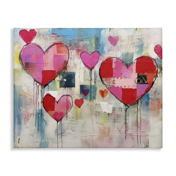 Stupell Industries Urban Hearts Painting Collage Abstract Painting Wrapped Canvas Art Print Wall Art, 20 x 16