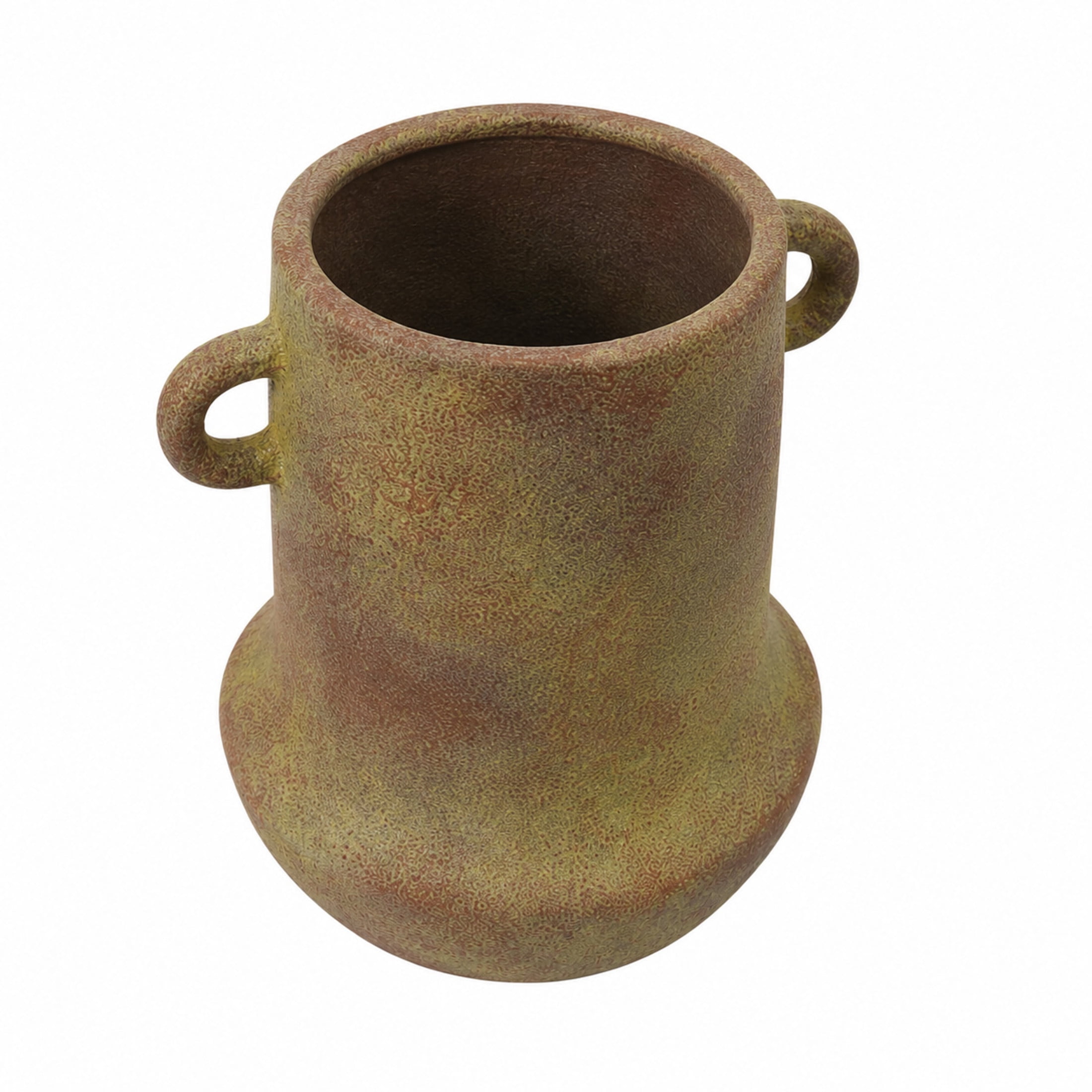DecMode 10" Antique Style Textured Red Ceramic Vase with Yellow Shadings and Handles