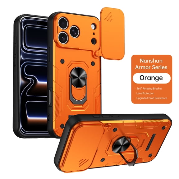 ELEHOLD Rugged Case for iPhone 17 Pro, Military Grade Shockproof Cover with 360 Ring Stand, Slide Lens Protector,Orange