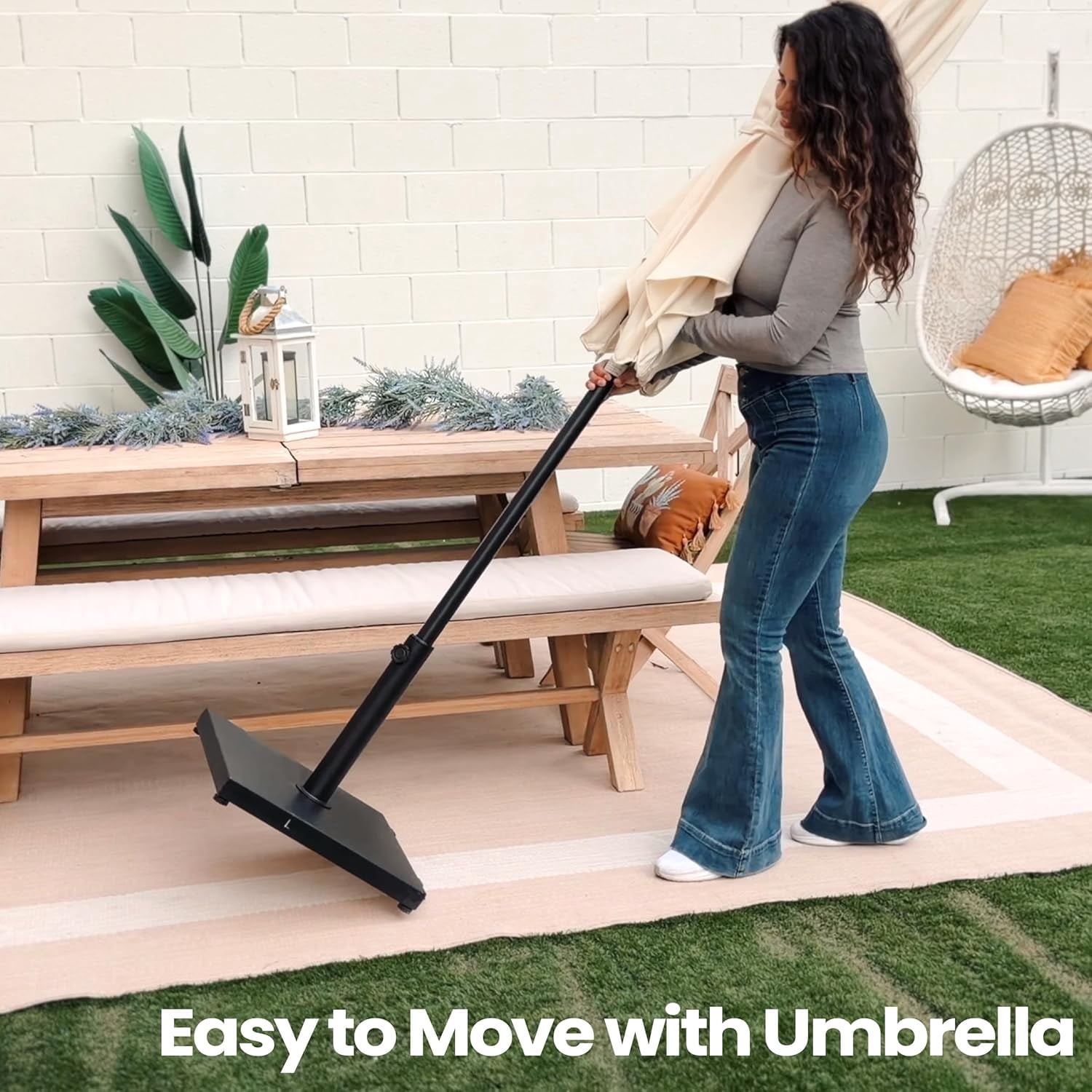 Patio Umbrella Base 43lbs Outdoor Umbrella Stand with Wheels, Heavy Duty Square Concrete Stand Market Umbrella, Black