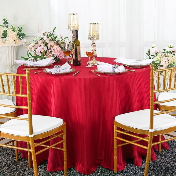 Wedding Linens Inc. 108" Striped Round Jacquard Polyester Tablecloths - Apple Red