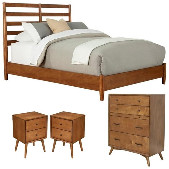 Home Square 4 Piece Set with Chest Full Wood Bed & 2-Drawer Wood Nightstand