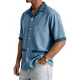 thumbnail image 4 of Uwinwear Mens Fashion Color Blocked Shirts Cuban Collar Tees Hawaiian Shirts Short Sleeve Button Down Shirts Casual Summer Beach Tops With 2 Pockets,Blue,XL, 4 of 8