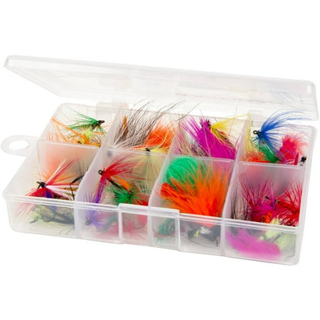 Fly Fishing Lures- 50 Brightly Colored Assorted Dry Insect Flies, Fishing Equipment for Catch and Release in Organizer Tool Box by Wakeman