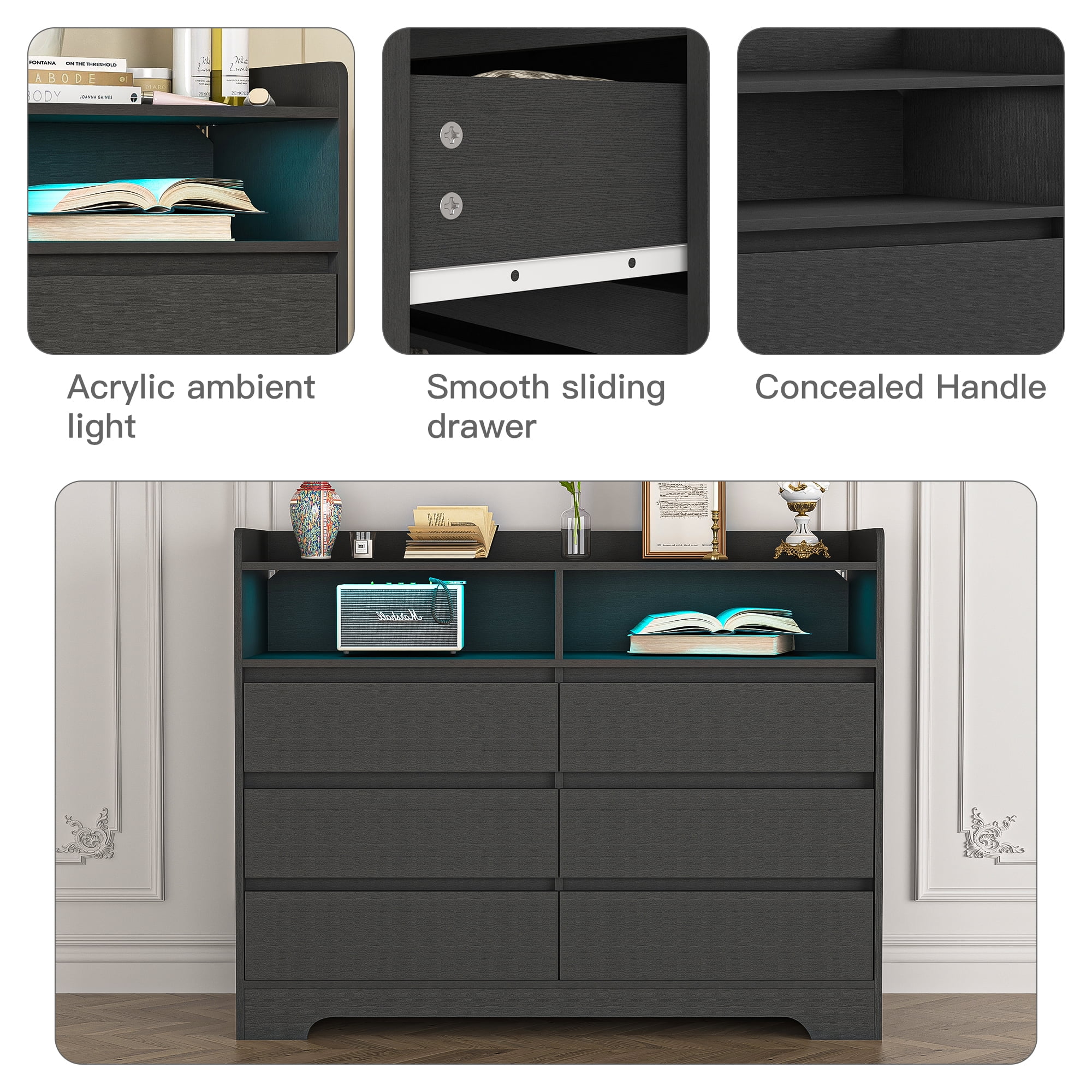 Finihen 6 Drawer Dresser, Modern Chest of Drawers with Led Lights, Wooden Dresser for Bedroom with Sturdy Frame for Living Room, Entryway, Hallway, Black-M Finihen 6 Drawer Dresser, Modern Chest of Drawers with Led Lights, Wooden Dresser for Bedroom with Sturdy Frame for Living Room, Entryway, Hallway, Black-M