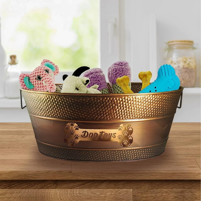 Indestructible Metal Dog Toy Bin Galvanized Accessory Storage Bin with Handles Organizer Storage Basket for Pet Toys Blankets Leashes Pawprint