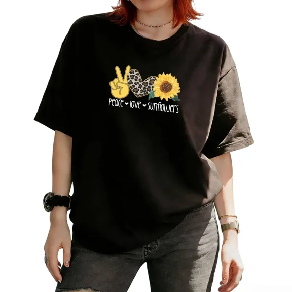 Cozymy Women's Peace Love Sunflowers Leopard Heart Peace Sign Graphic Short Sleeve T‑Shirt Western Boho Country Tees