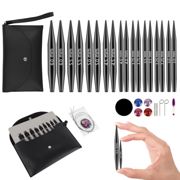 Juego de Agujas Circulares para Tejer, Juego Corto de Agujas Intercambiables, Agujas Circulares Cortas de 5 cm para Calcetines con Estuche, 3.0~6.0 mm (9 Pares)