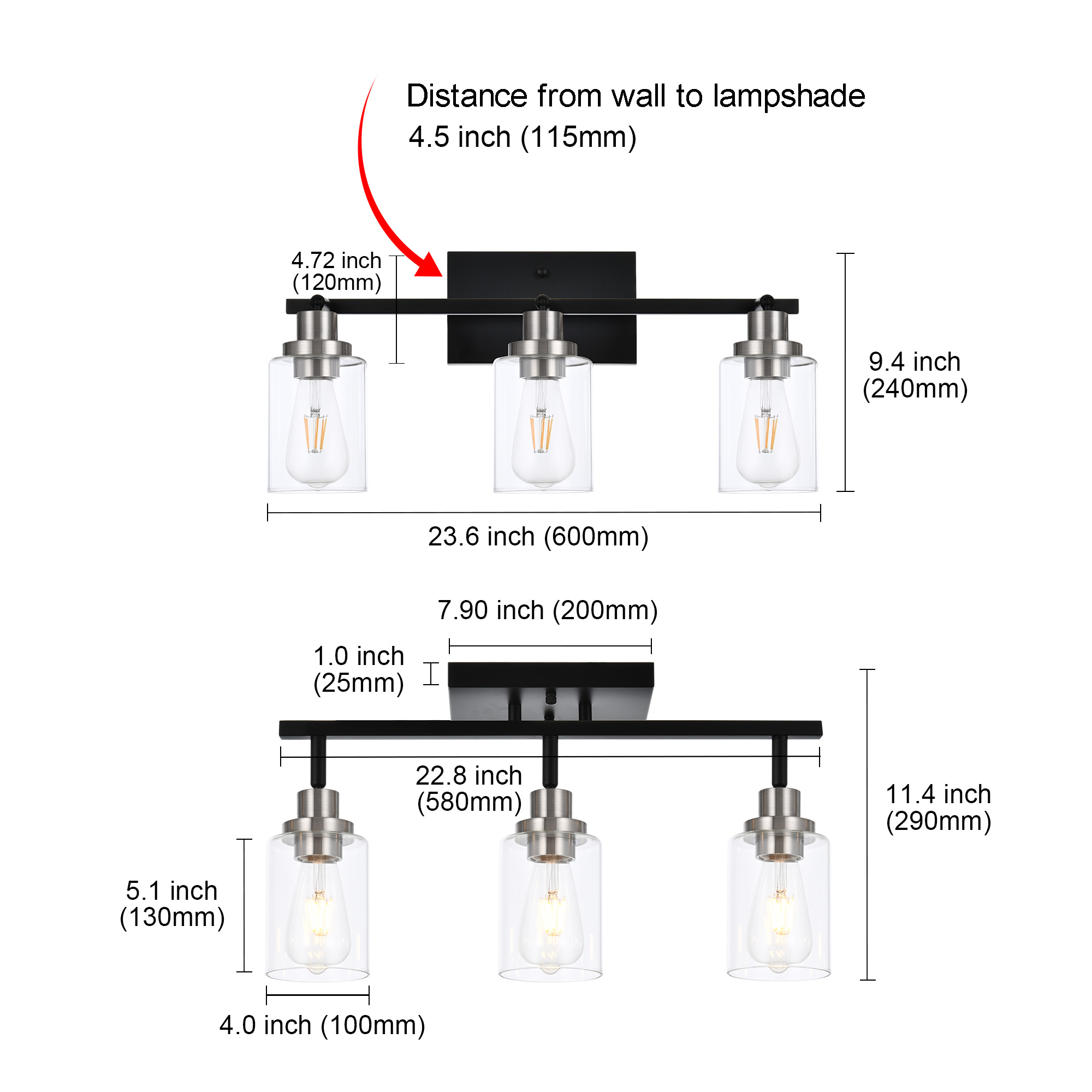 Melucee 3-Light Directional Ceiling Light Track Lighting Kit, Bathroom Vanity Light, Black and Brushed Nickel Kitchen Track Lighting Fixtures