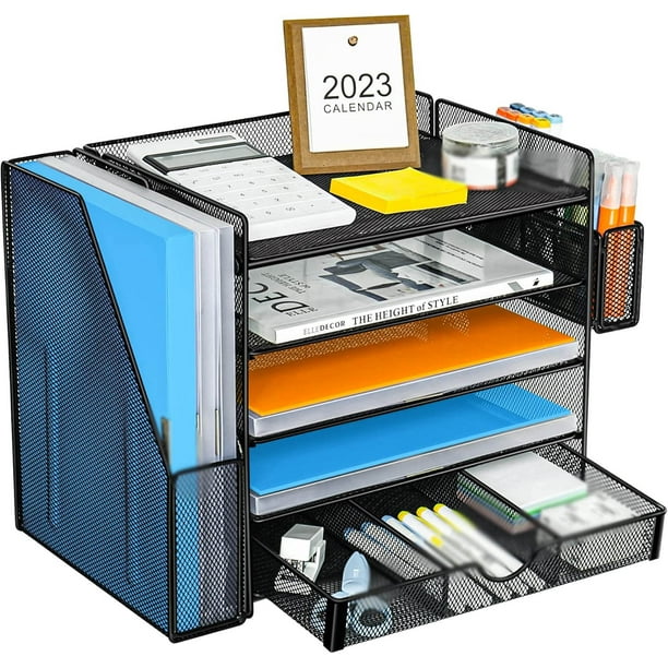 Organizador de Escritorio con Compartimentos Verticales, Cajones Deslizantes y Porta Lápices, para Organizar Documentos, Papeles y Suministros de Oficina