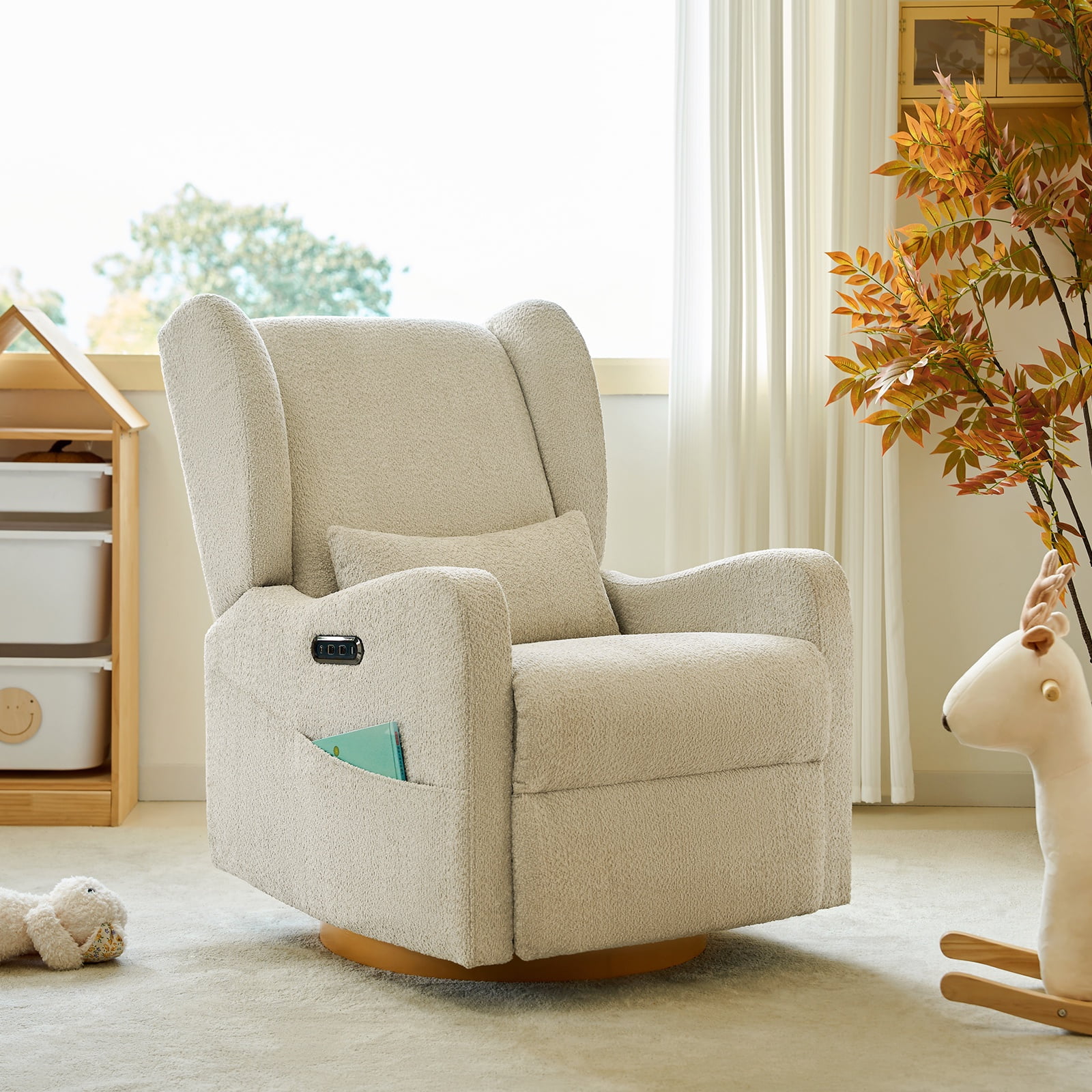 Tina's Home Electric Power Glider Swivel Nursery Recliner Chair Wingback with USB, Waterproof Stain-resistant for Baby Feeding & Living Room Tan
