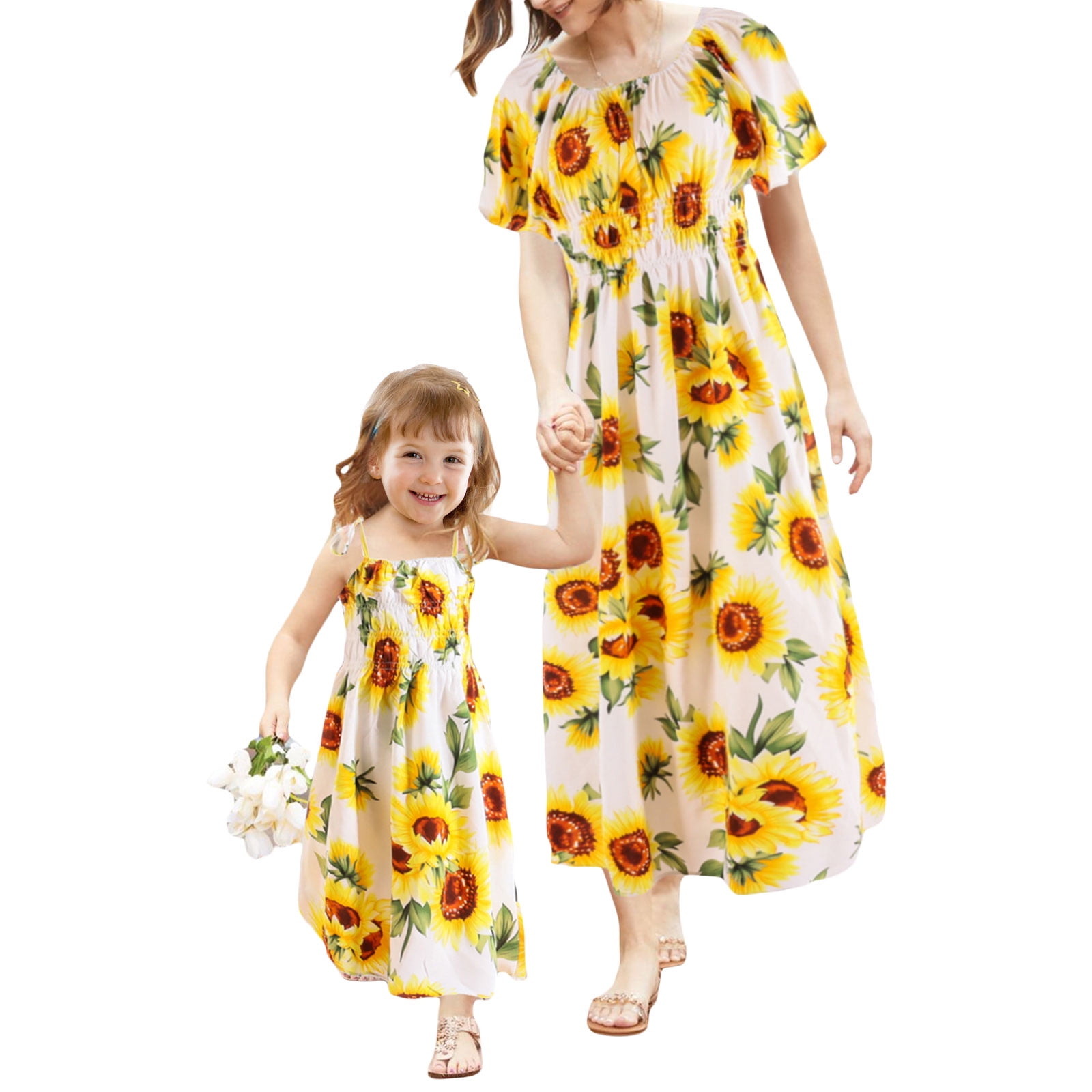 Mommy and Me Matching Dresses for Mother and Daughter Sunflower Print