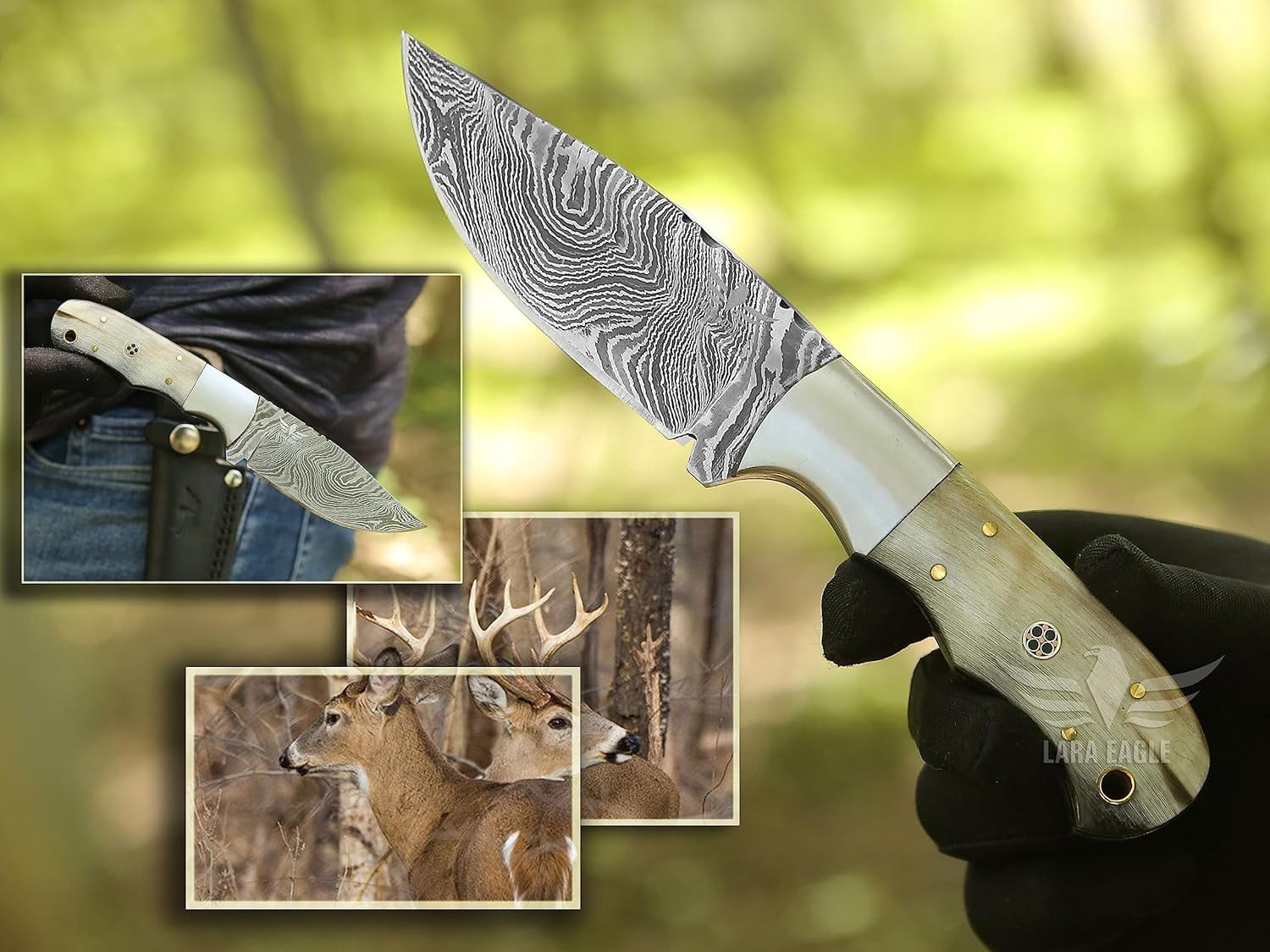 Lara Eagle Damascus Hunting Knife - Fixed Blade Handmade Skinner with Sheath - 7.5 inch Survival Knife Great for Camping - Camel bone Handle with mosaic pin