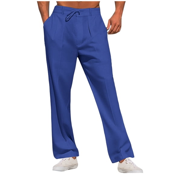 FAWUUDO Men's Breathable Linen Pants Elastic Drawstring Waist Loose Stretch Beach Vacation Pants 2XL B-Blue