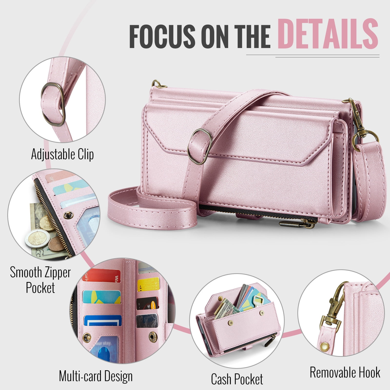 Compatible with Samsung Galaxy S25 Edge 5G Zipper Wallet Phone Case Tempered Glass Screen Protector Crossbody Lanyard Strap Flip Card Holder Slot Cell Cover for S25Edge 25S S25 25Edge Women Rose Gold