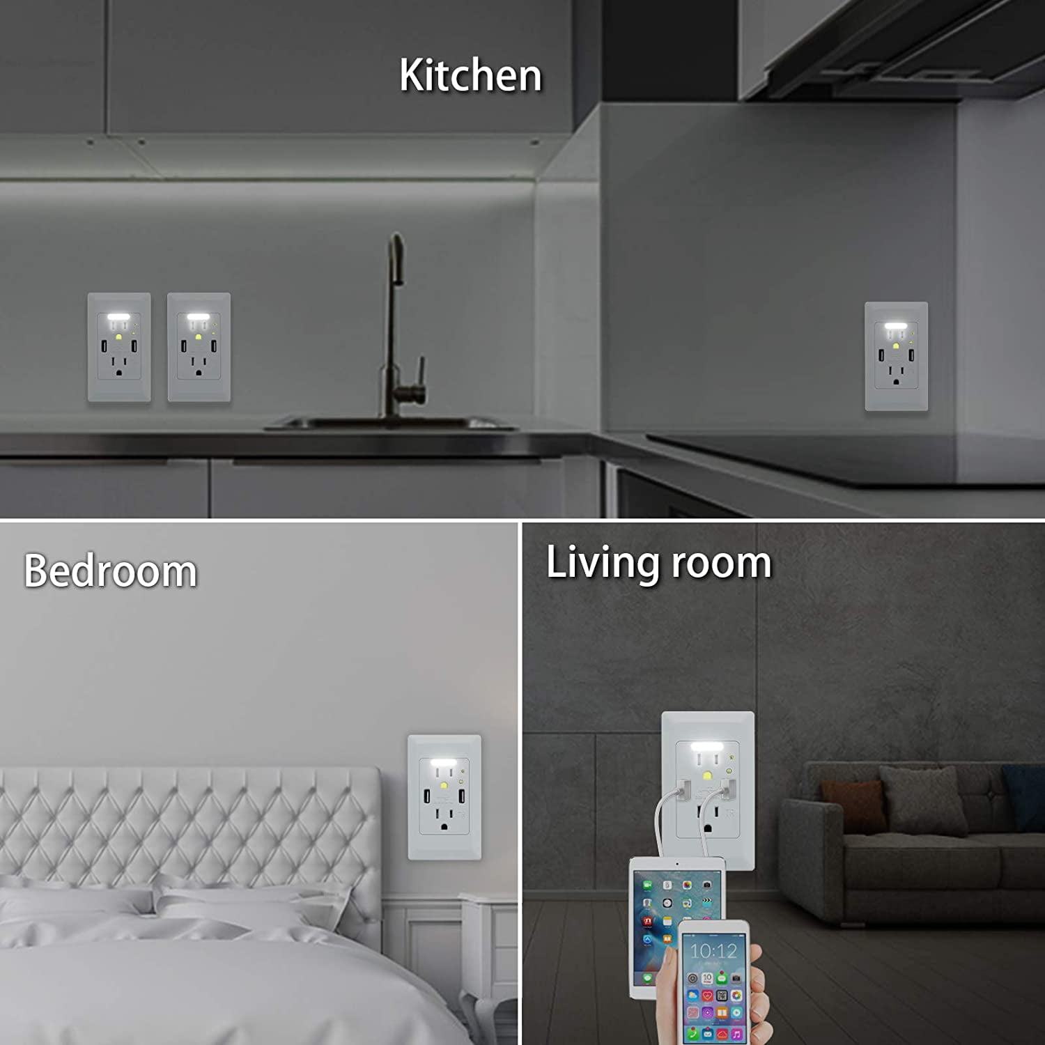 GREENCYCLE 3PK White Dual USB 4.2A Port Electric Wall Charger Power Outlet Panel Plate Dock Station Socket Adapter with LED Nightlight