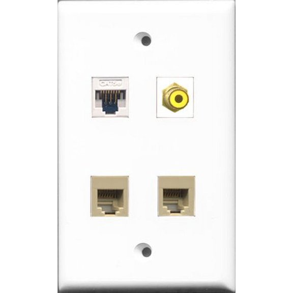 RiteAV 1 Port RCA Yellow 2 Port Phone RJ11 RJ12 Beige and 1 Port Cat5e Ethernet White Wall Plate