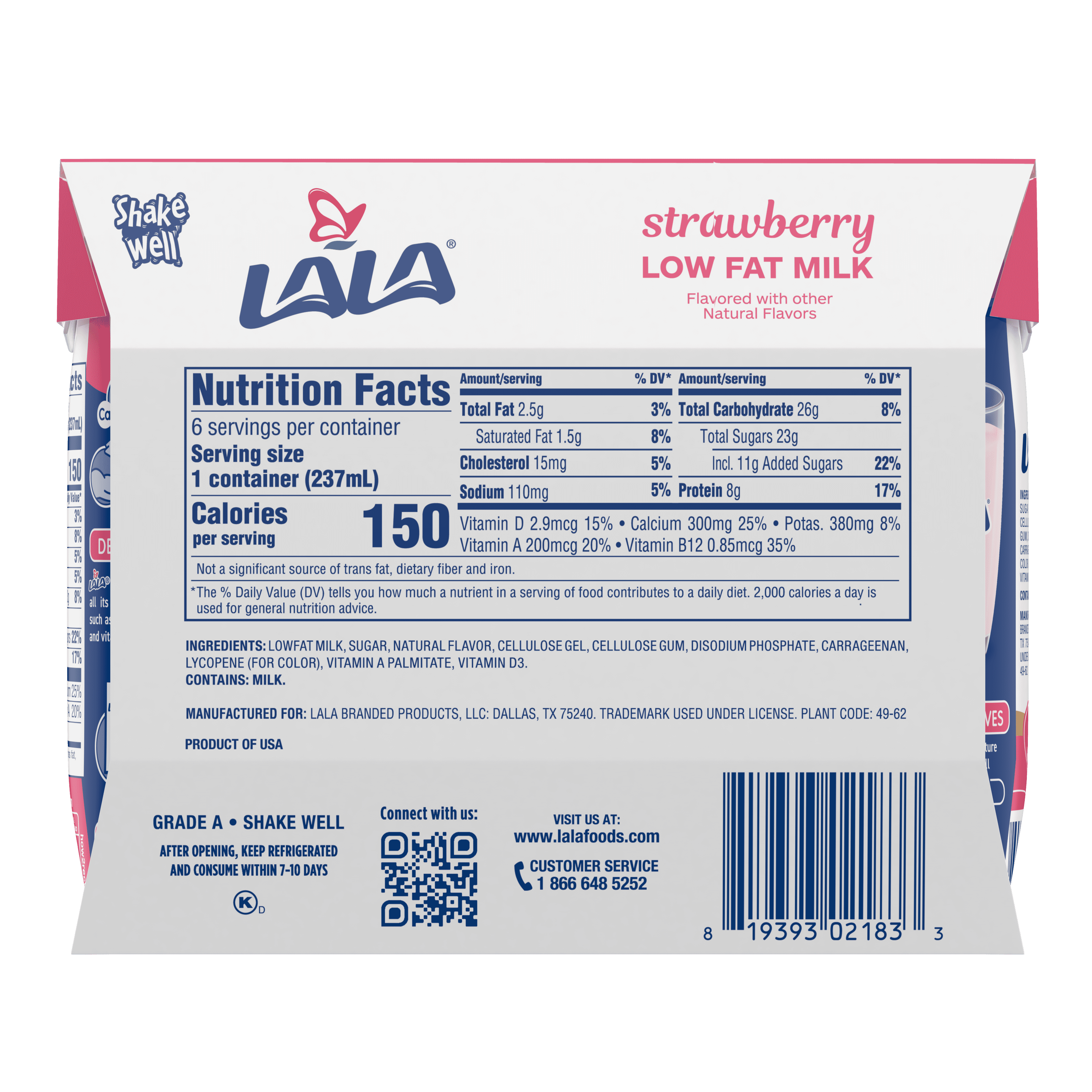 LALA Low Fat Shelf-Stable UHT Milk Drink, Strawberry, 8.25 oz Carton Container (6 Ct)