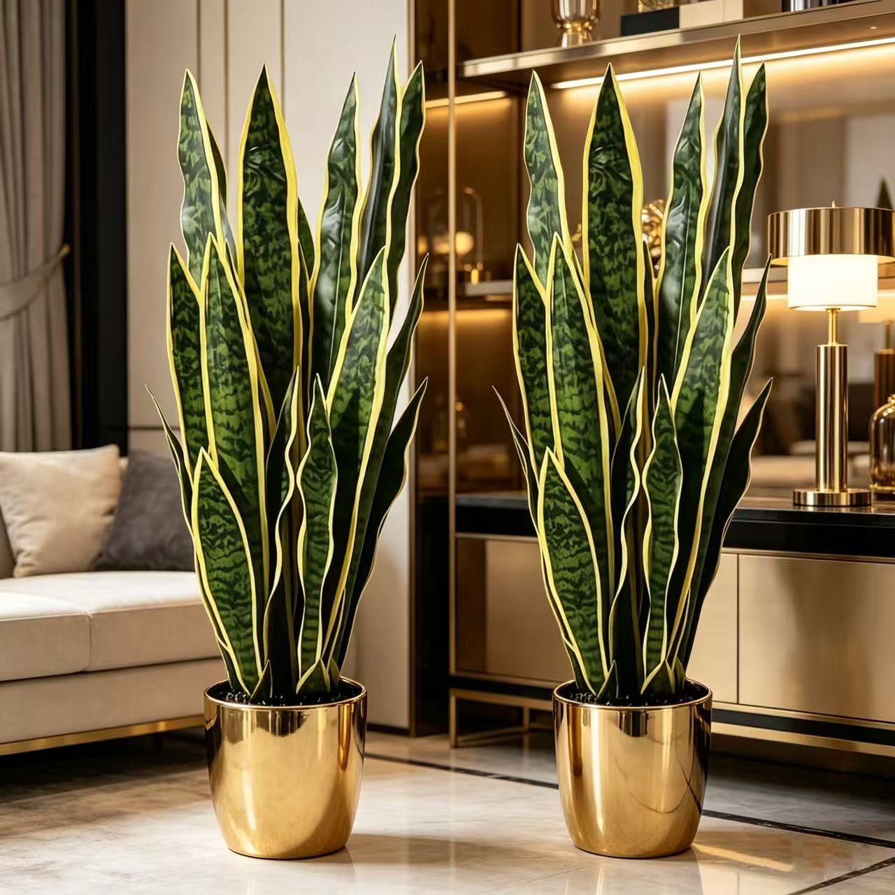 22.44in Artificial Snake Plant, Faux Sansevieria with Golden Edges, UV Resistant Fake Snake Plant for Indoor Outdoor Home Office Living Room Decor, No Pot