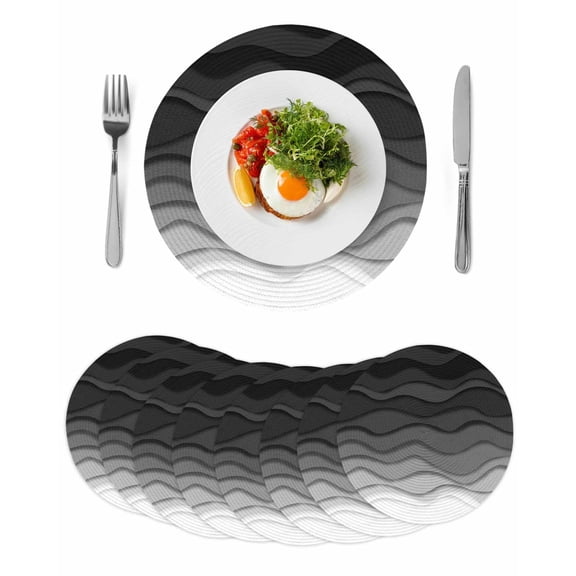 Black Ombre Stripes Round 13 Inch Placemats Set of 8, Modern Abstract Sea Waves Spray Art HeatResistant Non Slip Place Mats for Dining Table, Wipeable Braided Kitchen Table Mats for Housewarming