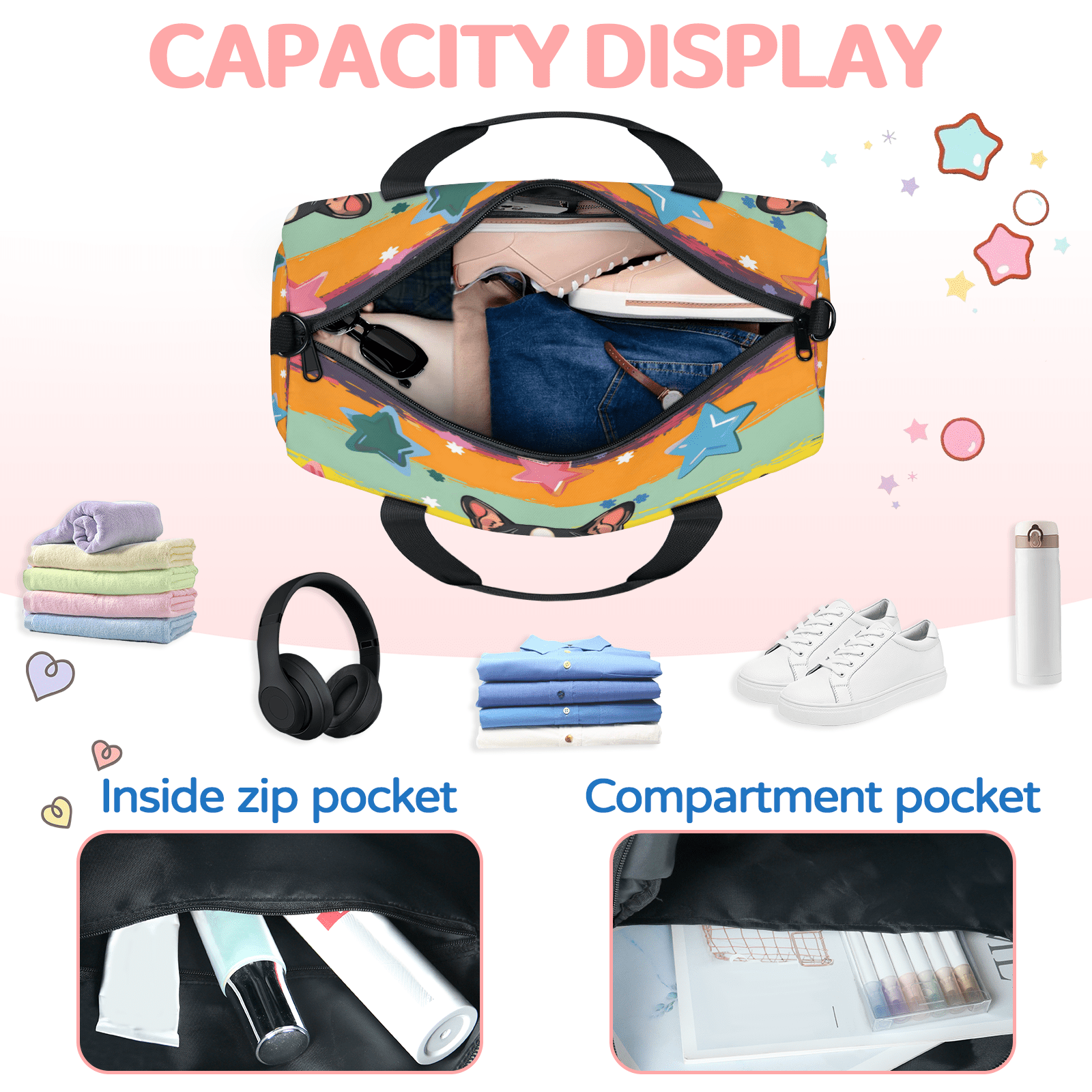 Herdesigns Cute Dog Puppy Cartoon Doggy Gym Bag for Women, Duffle Bag for Travel Sport, Lightweight Waterproof Carry on Weekender Overnight Dance Yoga Workout Bags