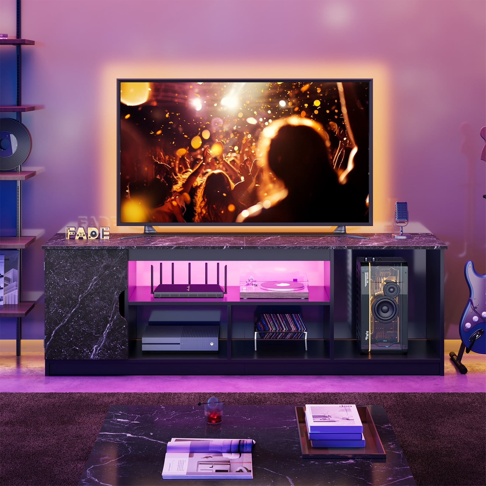 Bestier 63" LED TV Stand for TVs up to 70", Gaming Entertainment Center with PS5 Storage, Modern Media Console Table with 2-Tier Storage Shelves, Black Marble