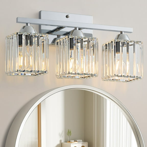 Deyidn 16.9" Modern Chrome Vanity Light,  3-Light Dimmable Bathroom Light Fixture with Square Crystal Shades, for Mirror Lighting, Bathroom Wall Sconce