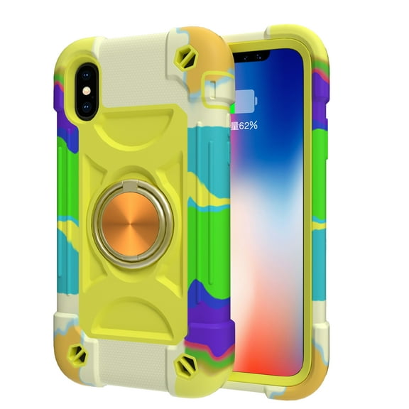 for iPhone X, iPhone XS Case with Ring Stand, Heavy Duty Military Grade Rugged Shockproof Silicone Rubber Magnetic Kickstand Holder Case for Women Girls For iPhone X/XS, Yellow Green