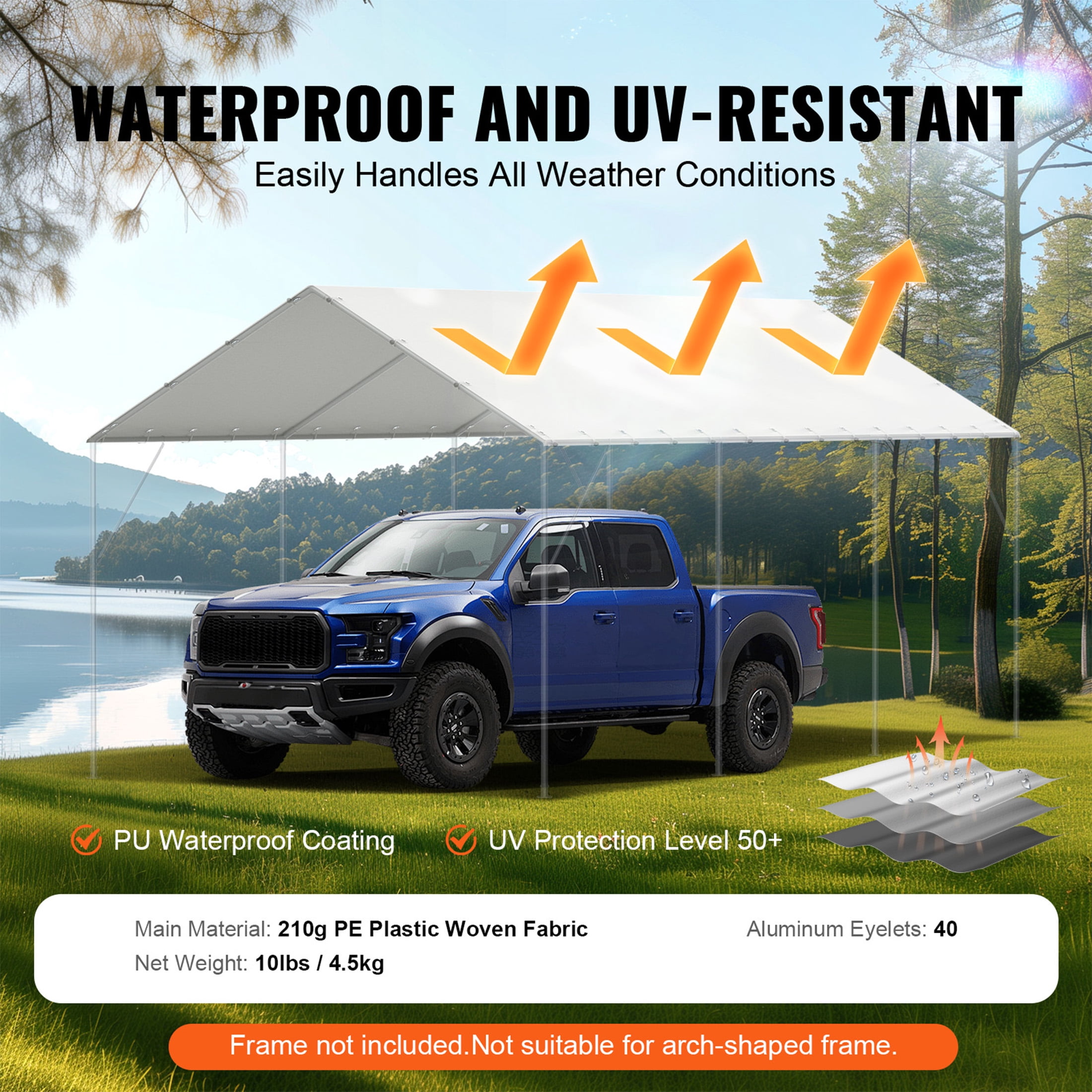 10 x 20 ft Carport Replacement Canopy Cover,Heavy-Duty Waterproof & UV Protected,Easy Installation with 40 Ball Bungeess,Garage Top Tent Shelter Tarp(Only Top Cover,Frame Not Include)