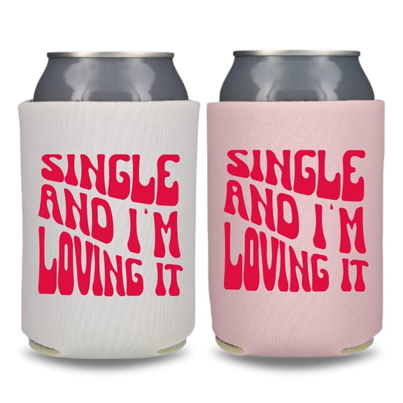 Valentine's Beer Can Coolers, Single And I'm Loving It, Funny Valentine's Coolies, Drink Accessory, Beer Coolies, Gag Gift and Party Favors (2 Pack (1 White & 1Blush))