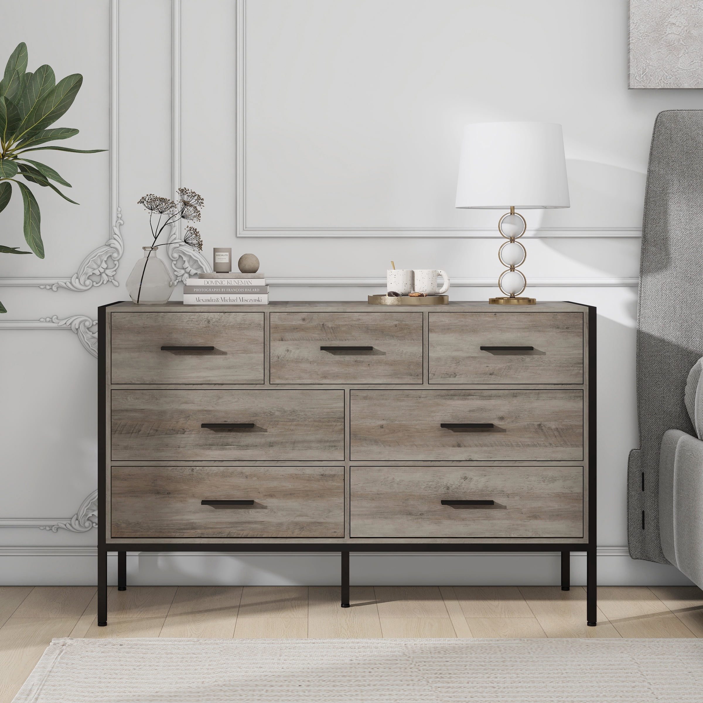 PORKISS 7 Drawer Dresser, Wood Chest of Drawers, Industrial Style Horizontal Dresser for Bedroom, Solid Clothes Storage Cabinet with Sturdy Steel Frame, Wooden Dresser Organizer, Gray